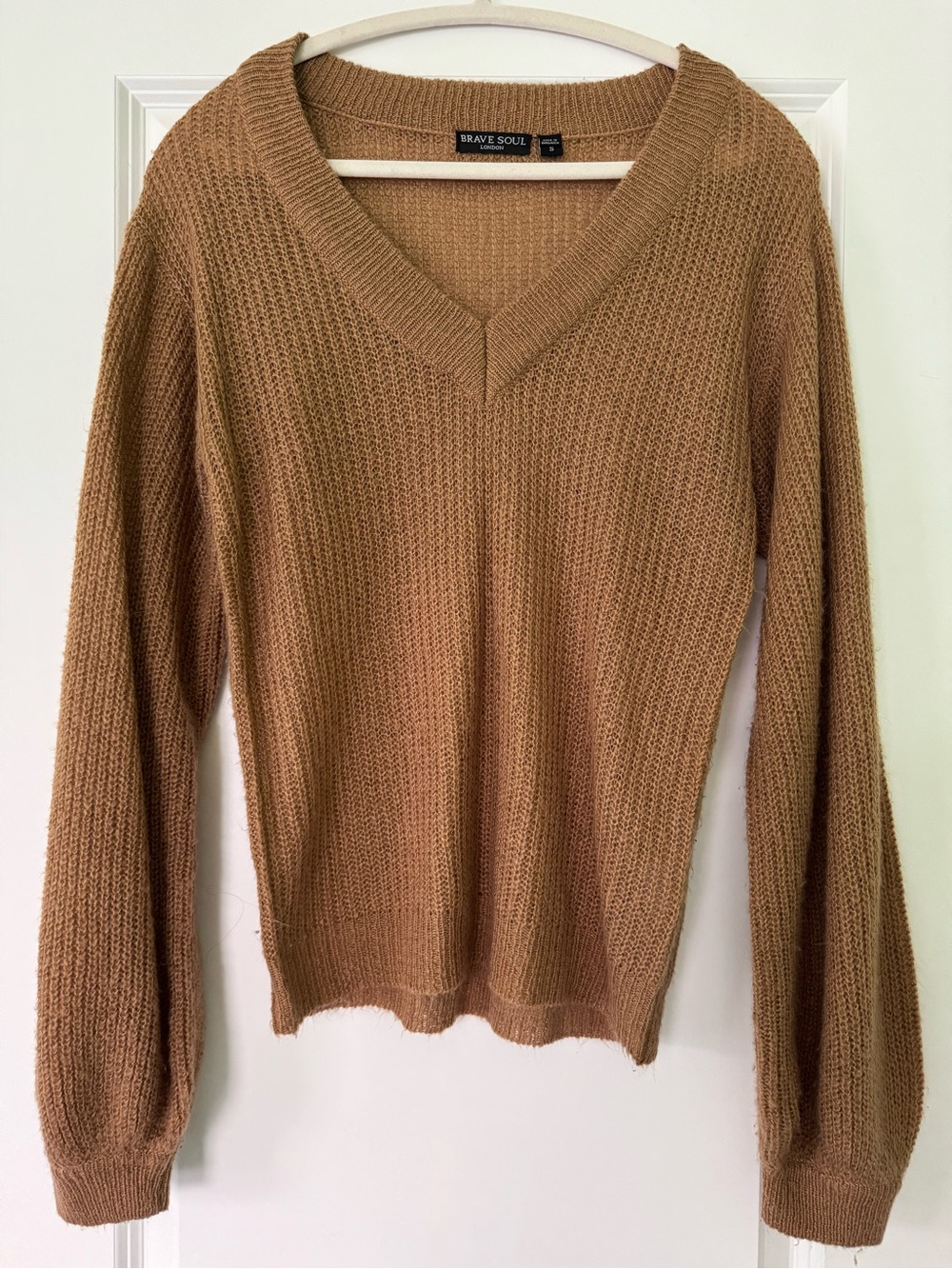 Brave Soul Women's V-Neck Knit Sweater in Tan Brown